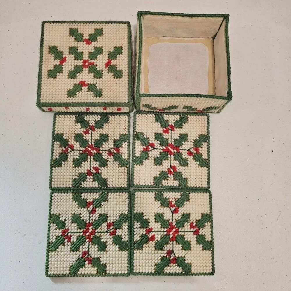VTG Christmas Needlework Green Holly Red Berry Coasters In Box Set Of 4